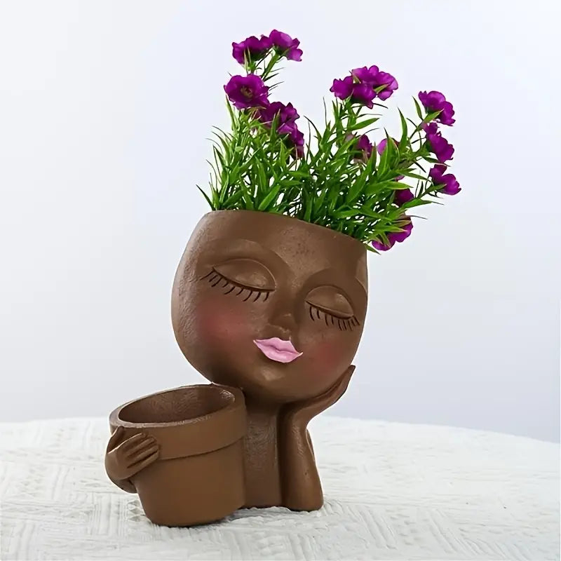 Double Flower Pots with Rustic Girl Figure Planter