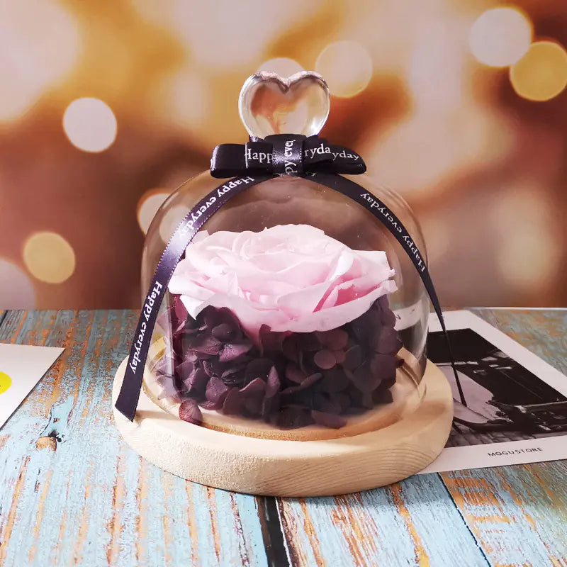 Herzförmige Glaskuppel mit konservierter Rosen-Geschenkbox