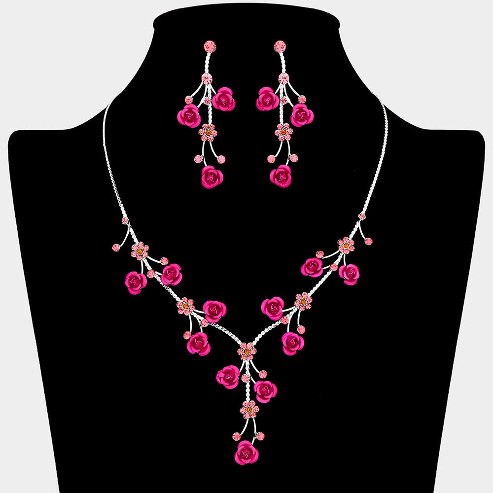 Rhinestone Embellished Rose Flower Cluster Vine Necklace