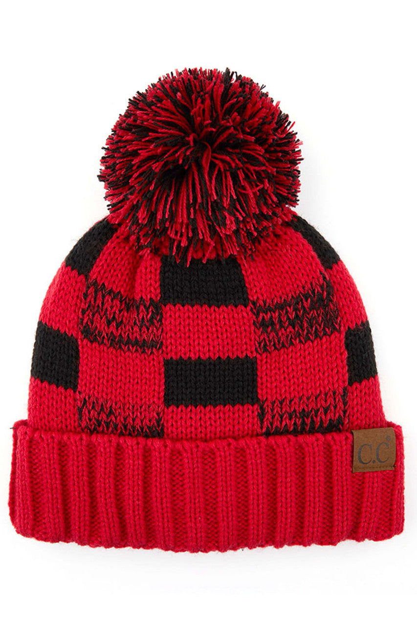 C.C Buffalo Check Beanie with Pom Hat