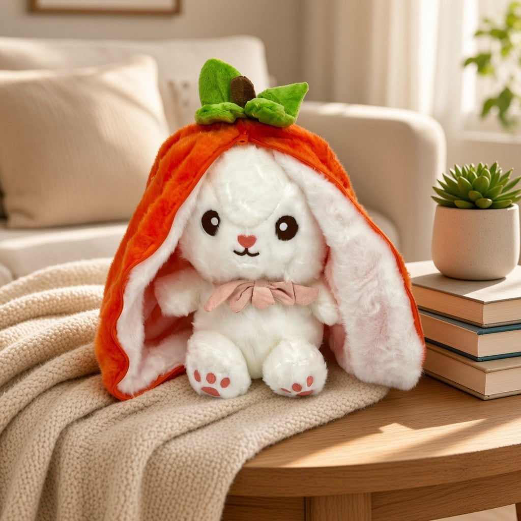Reversible Strawberry Bunny Plush Toy Soft Polyester Stuffed Animal for Kids Hide and Seek Transforming Toy