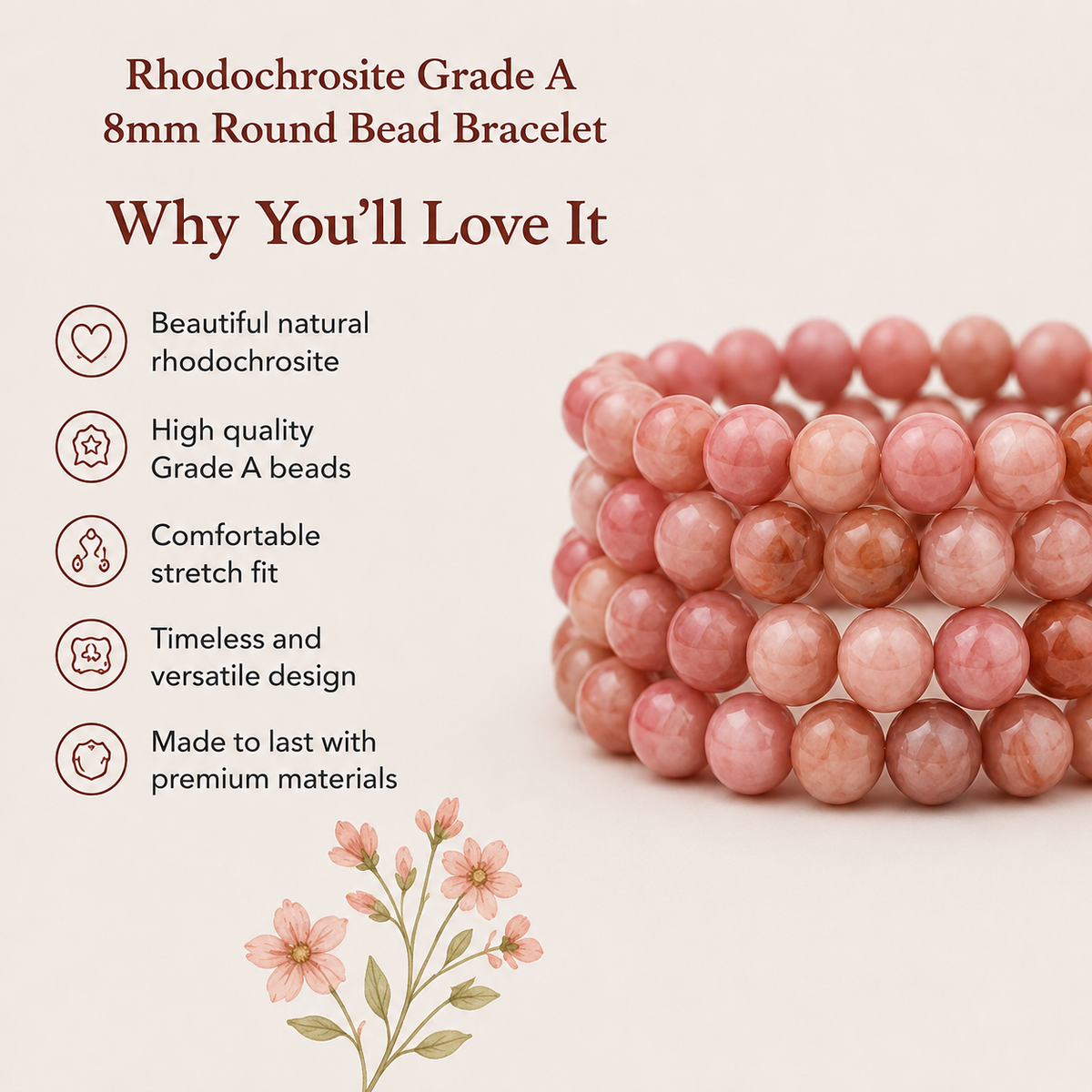 Rhodochrosite Bracelet | Rhodochrosite Crystal Bracelet (Compassion and Relaxation)