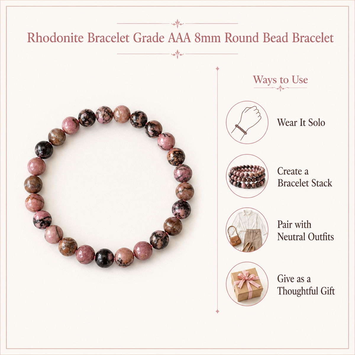 Rhodonite Bracelet (Empathy and Dispelling Negative Energy).