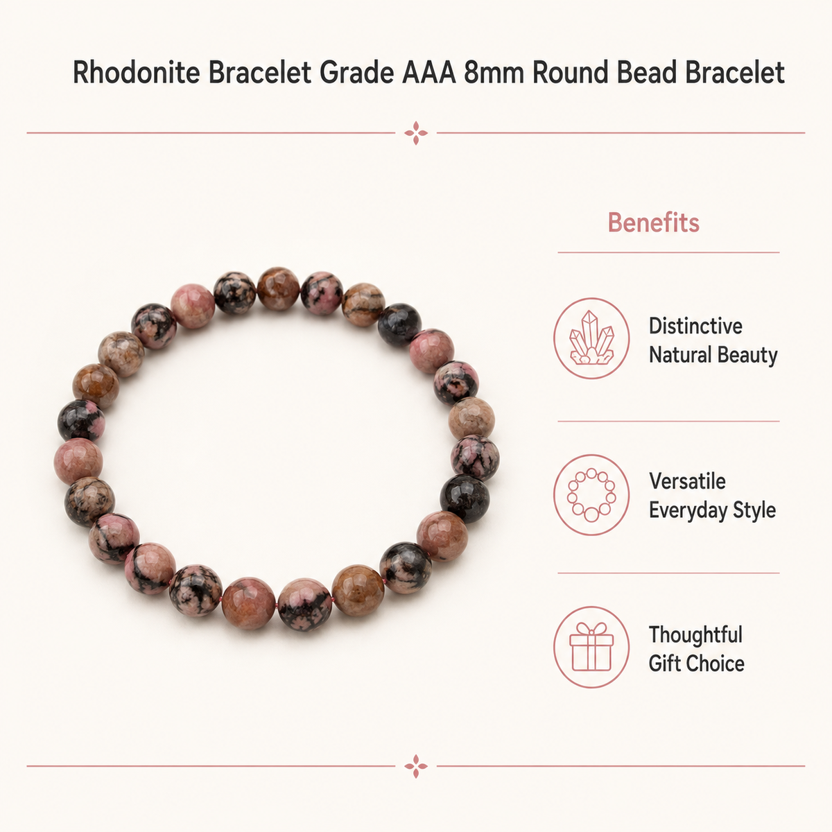 Rhodonite Bracelet (Empathy and Dispelling Negative Energy).