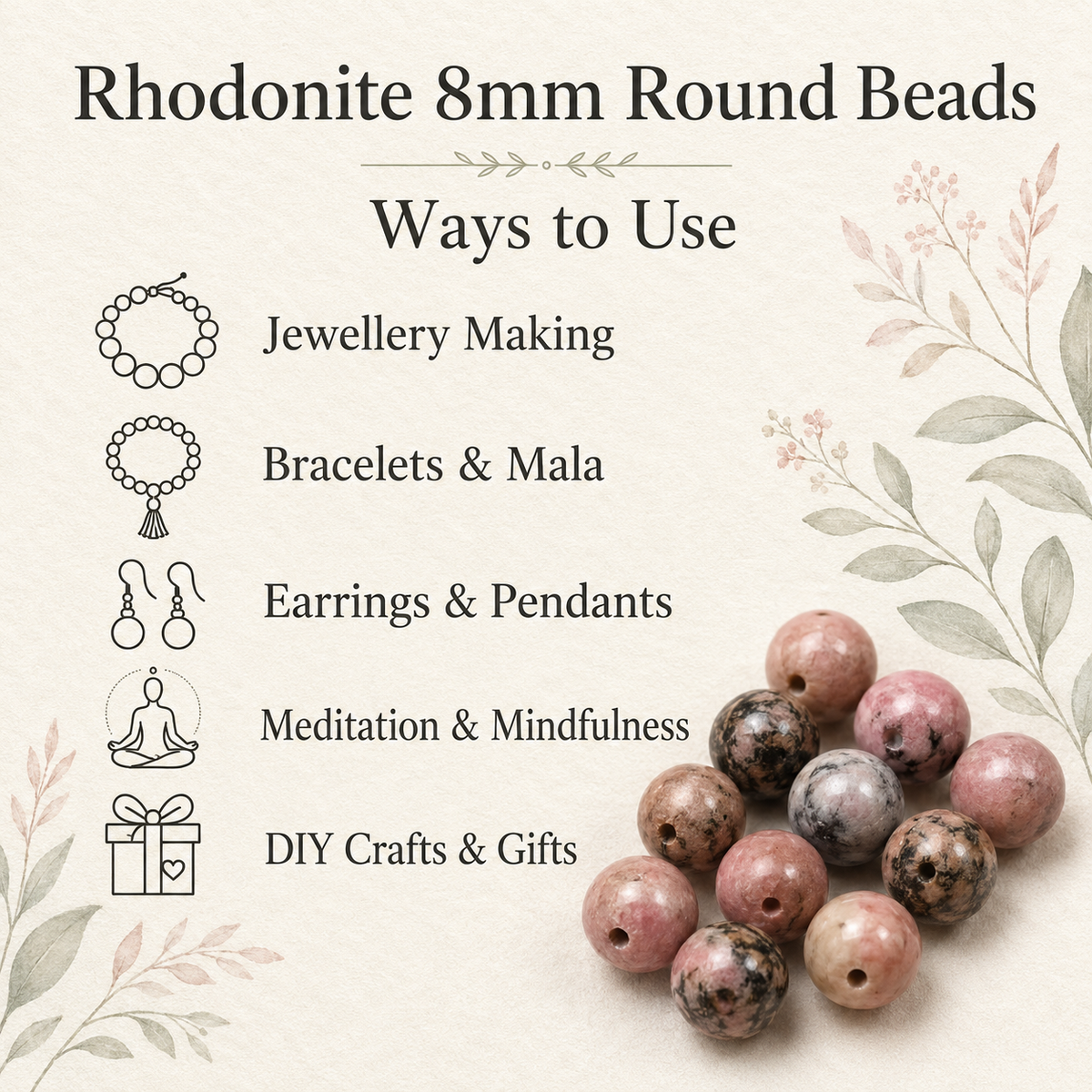 Rhodonite Beads, Natural Round Crystal Beads 4mm to 12mm