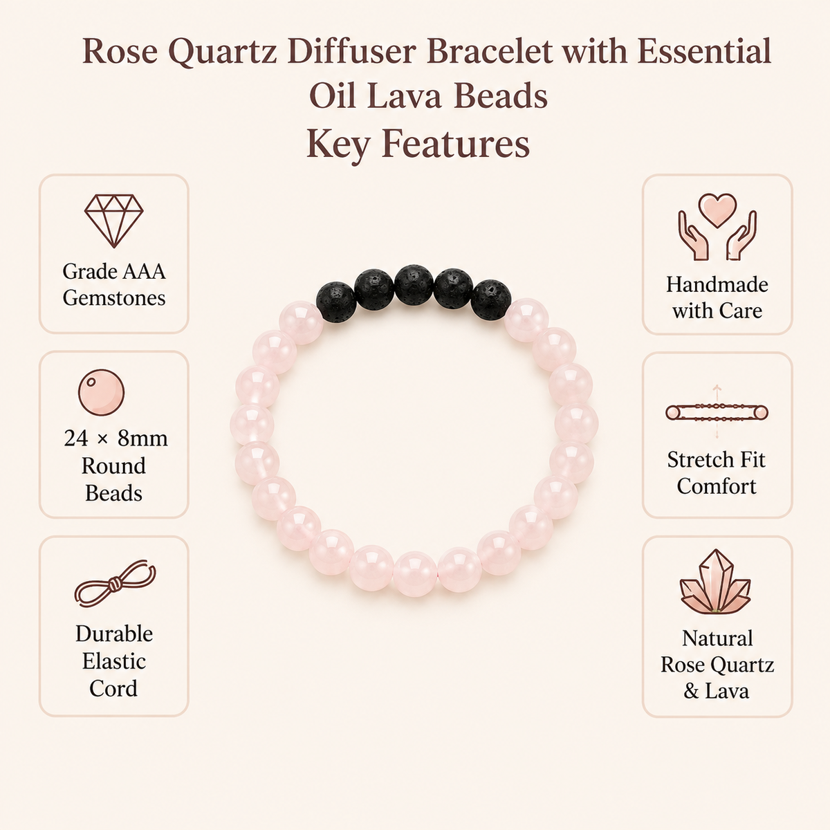 Rose Quartz Diffuser Bracelet, Lava Diffuser Jewelry, Aromatherapy, Essential Oil Bracelet, Spiritual Gift, Yoga Gift for Her