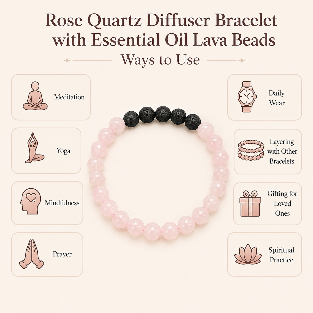 Rose Quartz Diffuser Bracelet, Lava Diffuser Jewelry, Aromatherapy, Essential Oil Bracelet, Spiritual Gift, Yoga Gift for Her