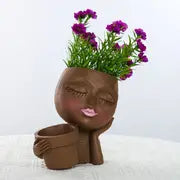 Double Flower Pots with Rustic Girl Figure Planter