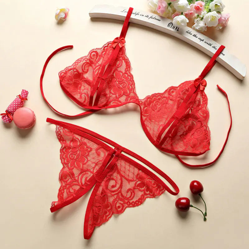 Lace Three-Piece Open-Crotch Lingerie Set