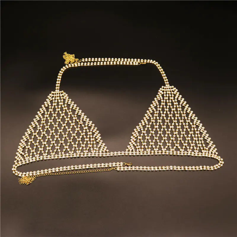 Exaggerated Rhinestone Body Chain Bikini Set - Lingerie