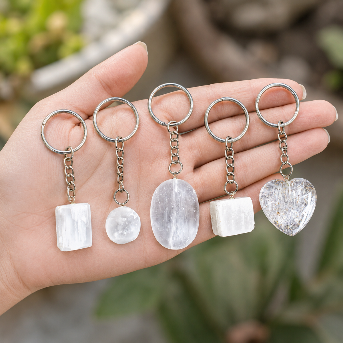 Selenite Key Chain, Gemstone Keychain Crystal Key Ring (Purification and Aura Cleansing)