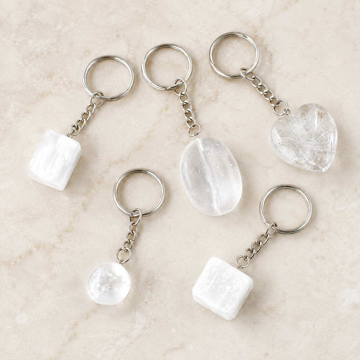 Selenite Key Chain, Gemstone Keychain Crystal Key Ring (Purification and Aura Cleansing)
