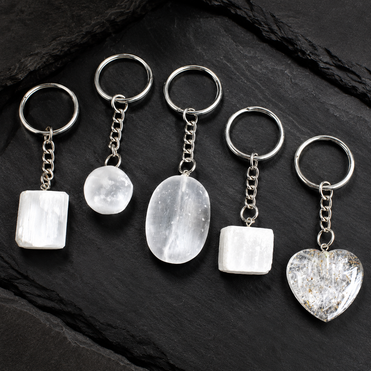 Selenite Key Chain, Gemstone Keychain Crystal Key Ring (Purification and Aura Cleansing)