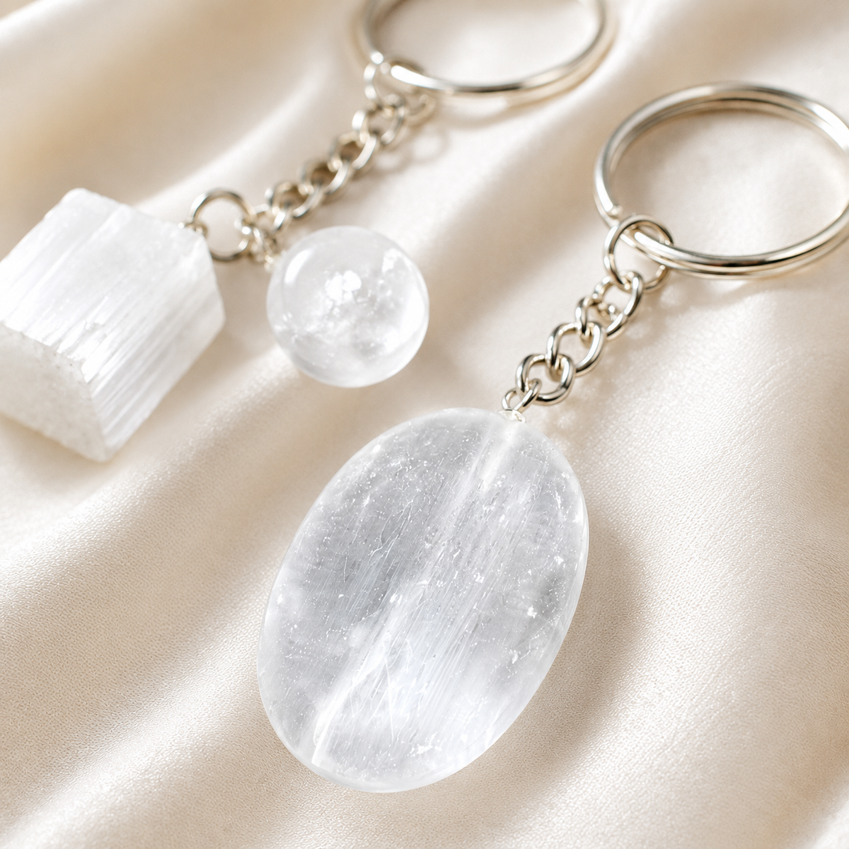 Selenite Key Chain, Gemstone Keychain Crystal Key Ring (Purification and Aura Cleansing)