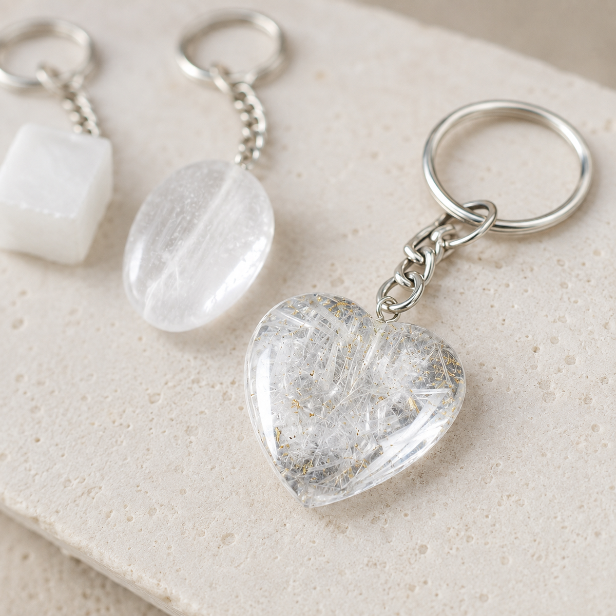 Selenite Key Chain, Gemstone Keychain Crystal Key Ring (Purification and Aura Cleansing)