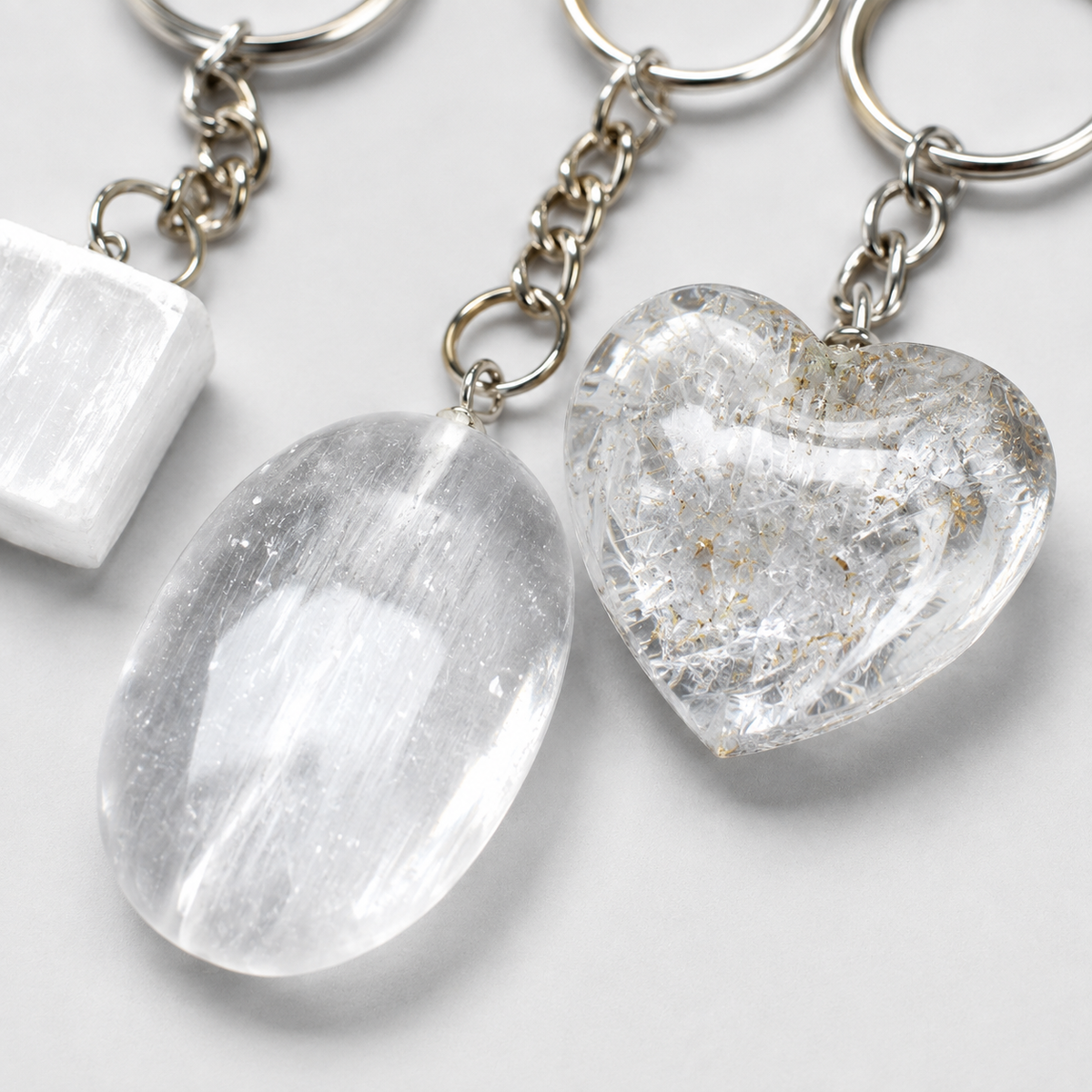 Selenite Key Chain, Gemstone Keychain Crystal Key Ring (Purification and Aura Cleansing)