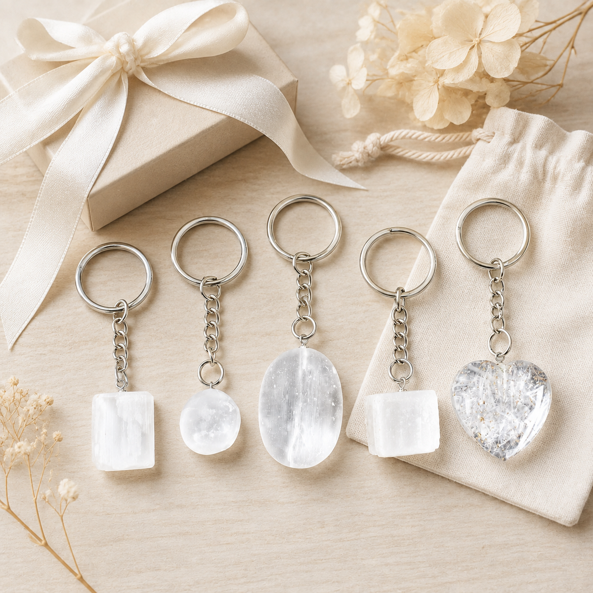 Selenite Key Chain, Gemstone Keychain Crystal Key Ring (Purification and Aura Cleansing)