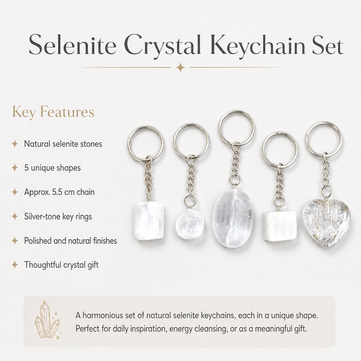 Selenite Key Chain, Gemstone Keychain Crystal Key Ring (Purification and Aura Cleansing)
