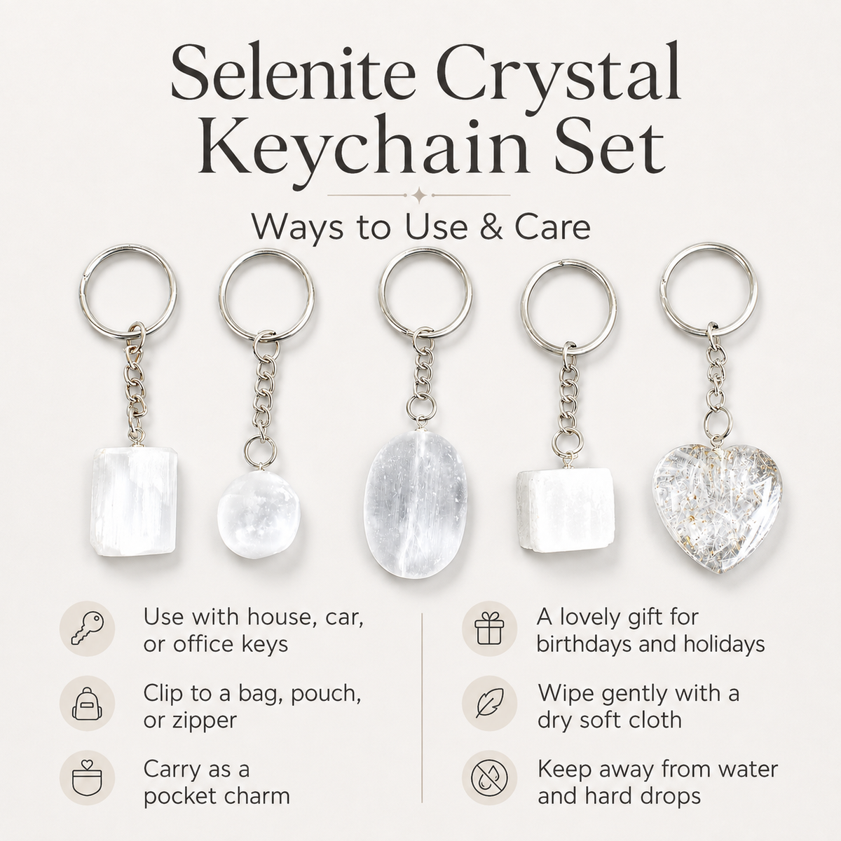 Selenite Key Chain, Gemstone Keychain Crystal Key Ring (Purification and Aura Cleansing)