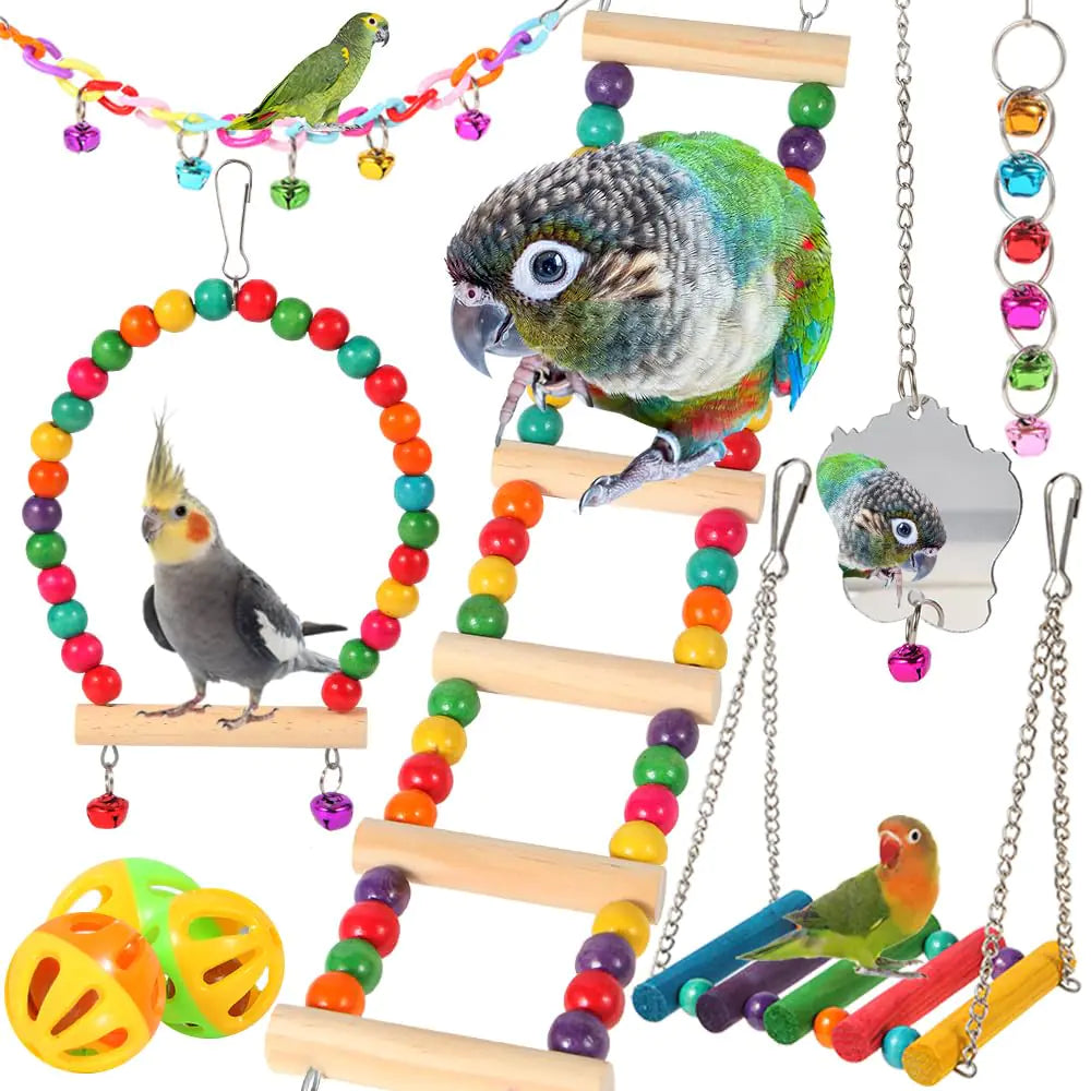 Bird Toys for Parakeets 9PcsBird Wooden Ladder Bridge Parrots Toys Budgie Toys Bird Cage AccessoriesSwing Hammock for ConureCockatielLove Birds Finches MynahBudgerigar - US seller