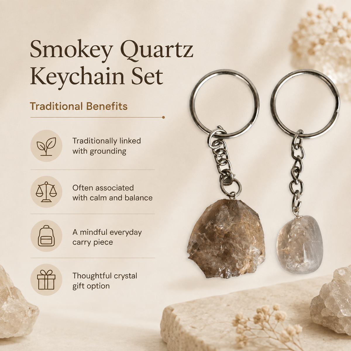 Smokey Quartz Key Chain, Gemstone Keychain Crystal Key Ring (Purification and Grounding)