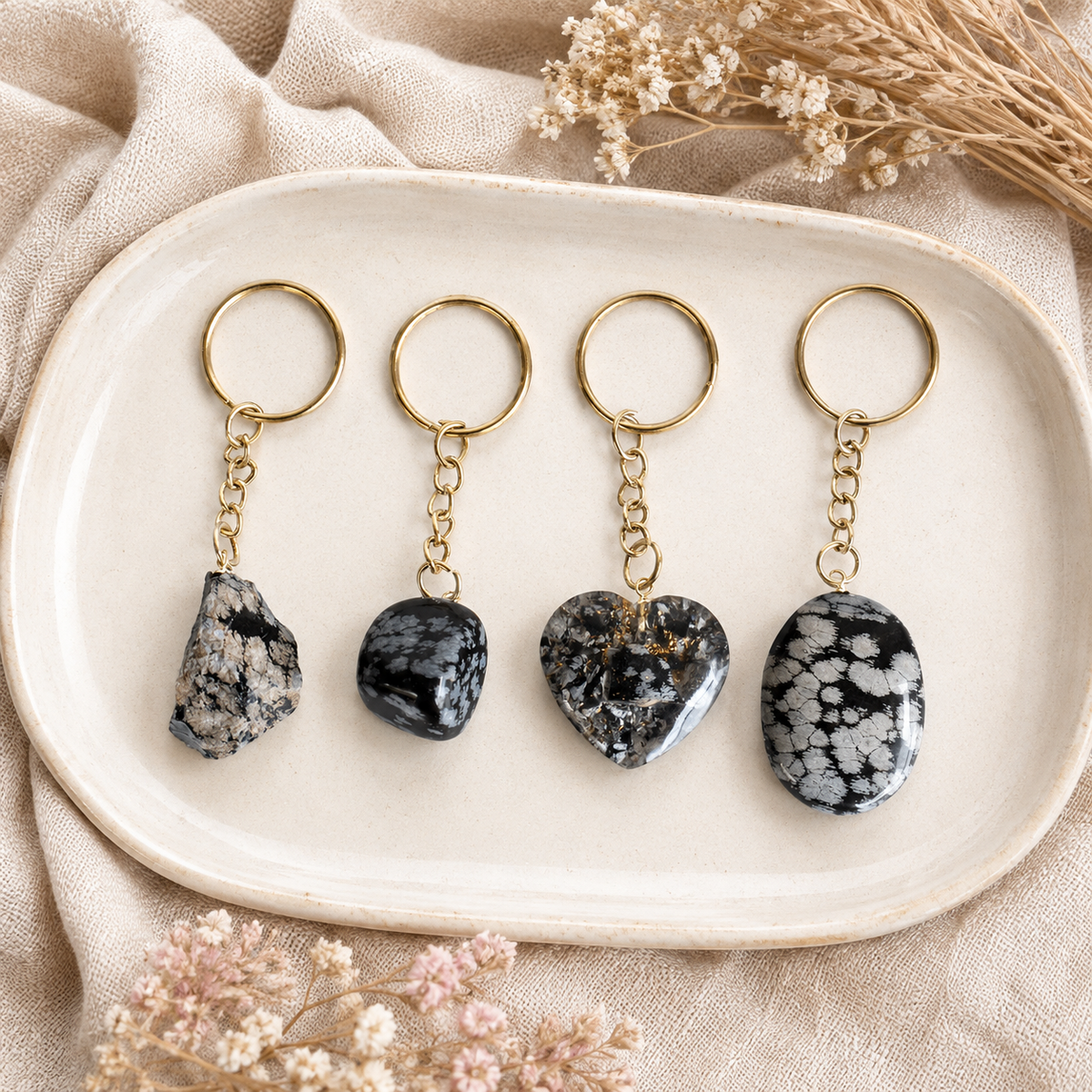 Snowflake Obsidian Key Chain, Gemstone Keychain Crystal Key Ring (Expanded Awareness and Intuition)