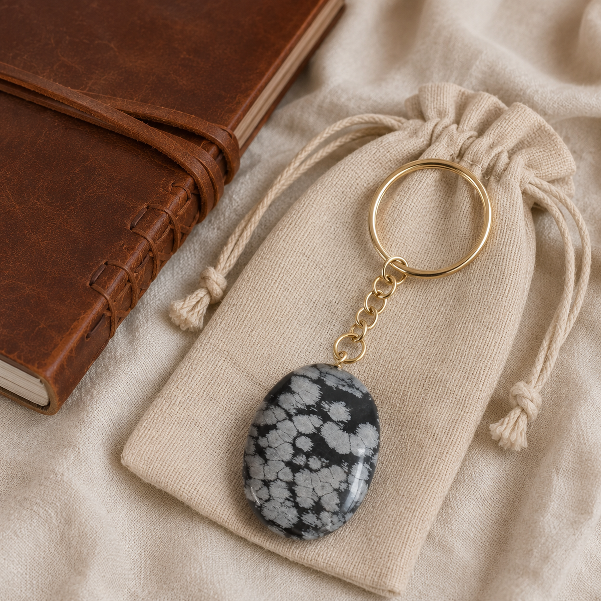 Snowflake Obsidian Key Chain, Gemstone Keychain Crystal Key Ring (Expanded Awareness and Intuition)