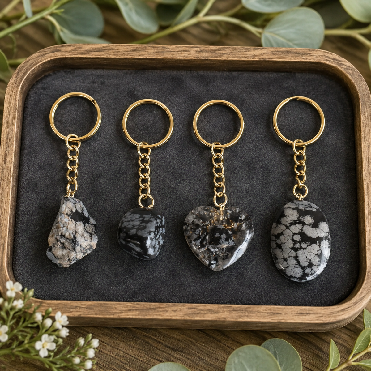Snowflake Obsidian Key Chain, Gemstone Keychain Crystal Key Ring (Expanded Awareness and Intuition)