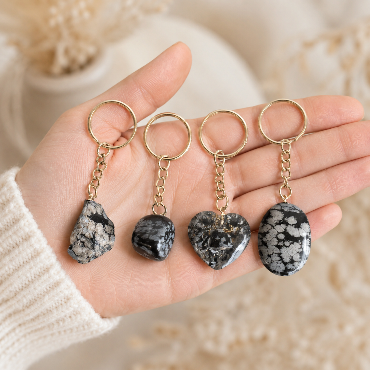 Snowflake Obsidian Key Chain, Gemstone Keychain Crystal Key Ring (Expanded Awareness and Intuition)