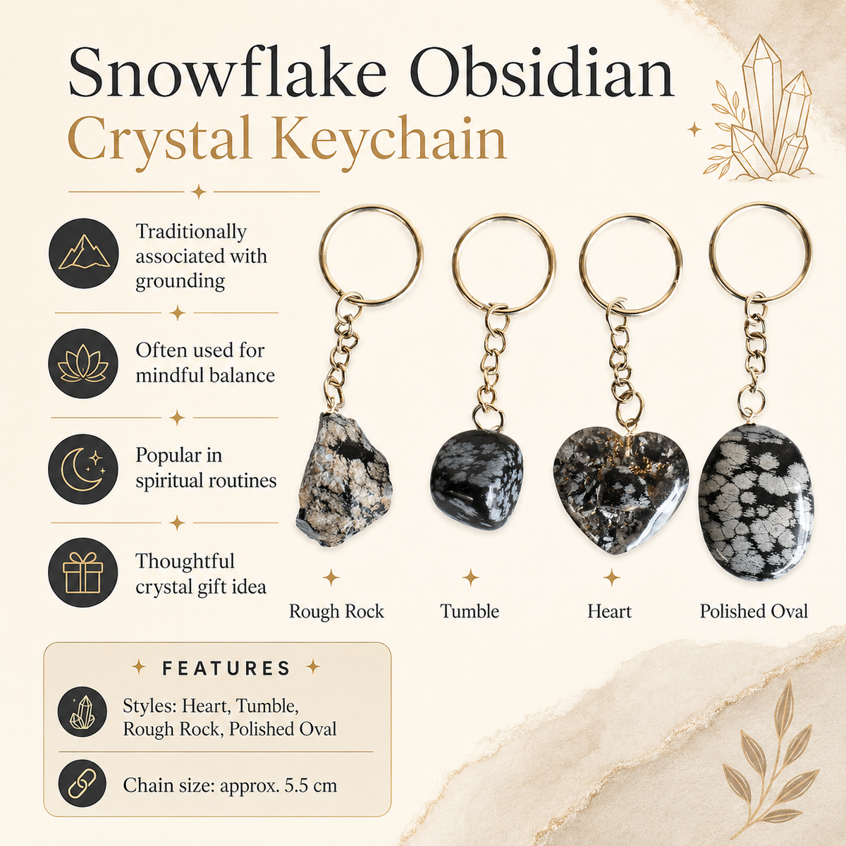 Snowflake Obsidian Key Chain, Gemstone Keychain Crystal Key Ring (Expanded Awareness and Intuition)