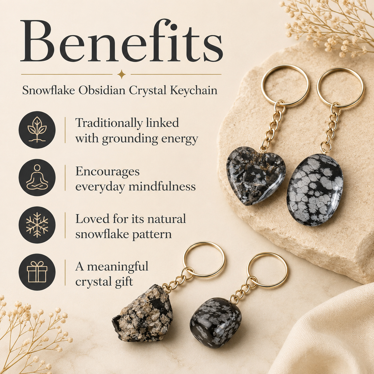 Snowflake Obsidian Key Chain, Gemstone Keychain Crystal Key Ring (Expanded Awareness and Intuition)