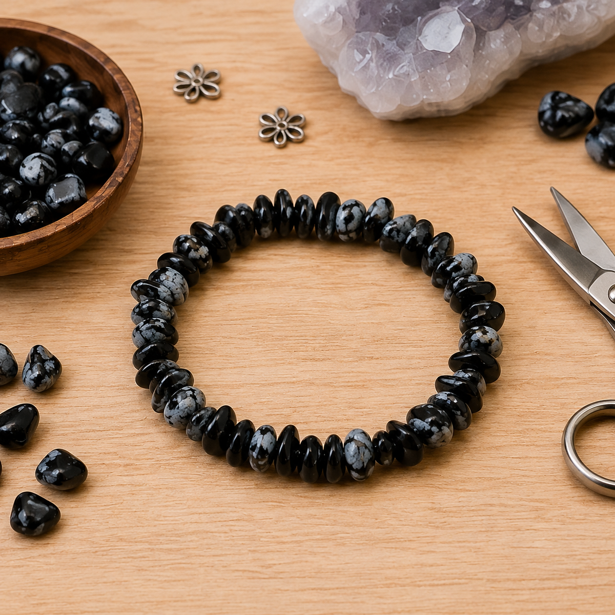 Snowflake Obsidian Chip Bracelet(Past Life Recall and Wisdom)