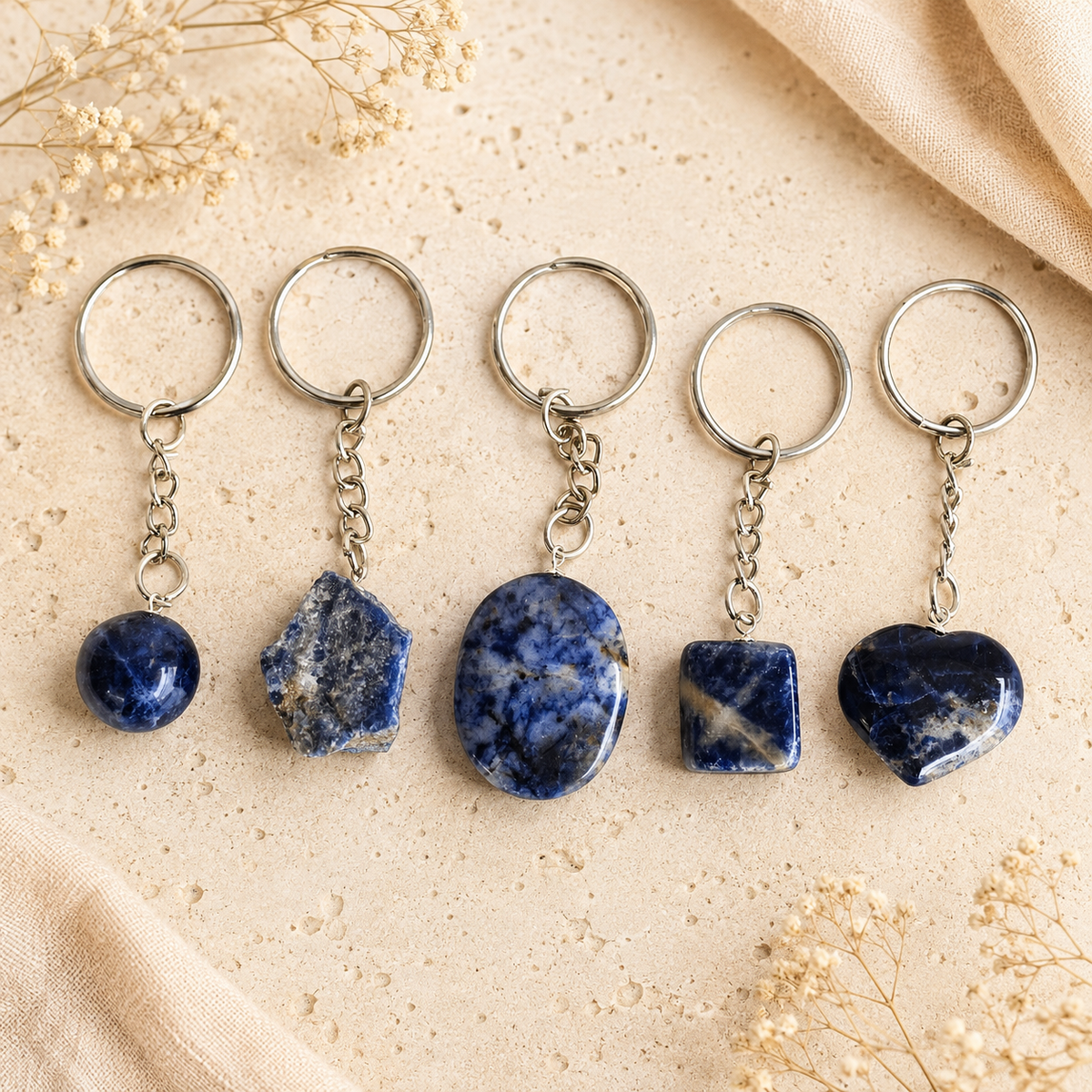 Sodalite Key Chain, Gemstone Keychain Crystal Key Ring (Meditation and Angelic Communication )