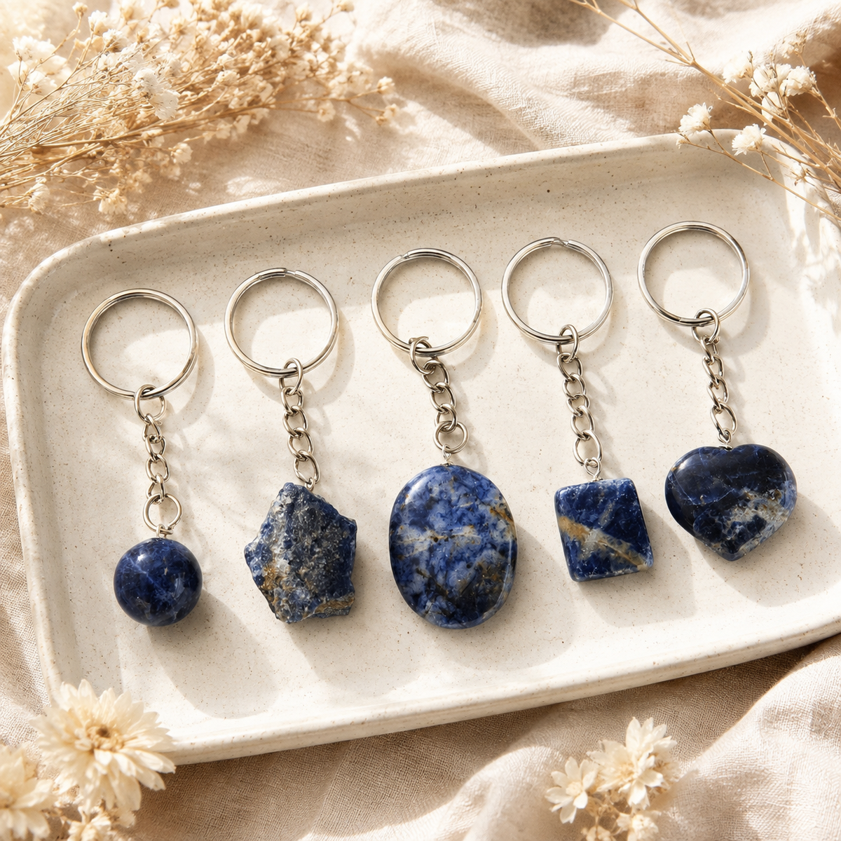 Sodalite Key Chain, Gemstone Keychain Crystal Key Ring (Meditation and Angelic Communication )