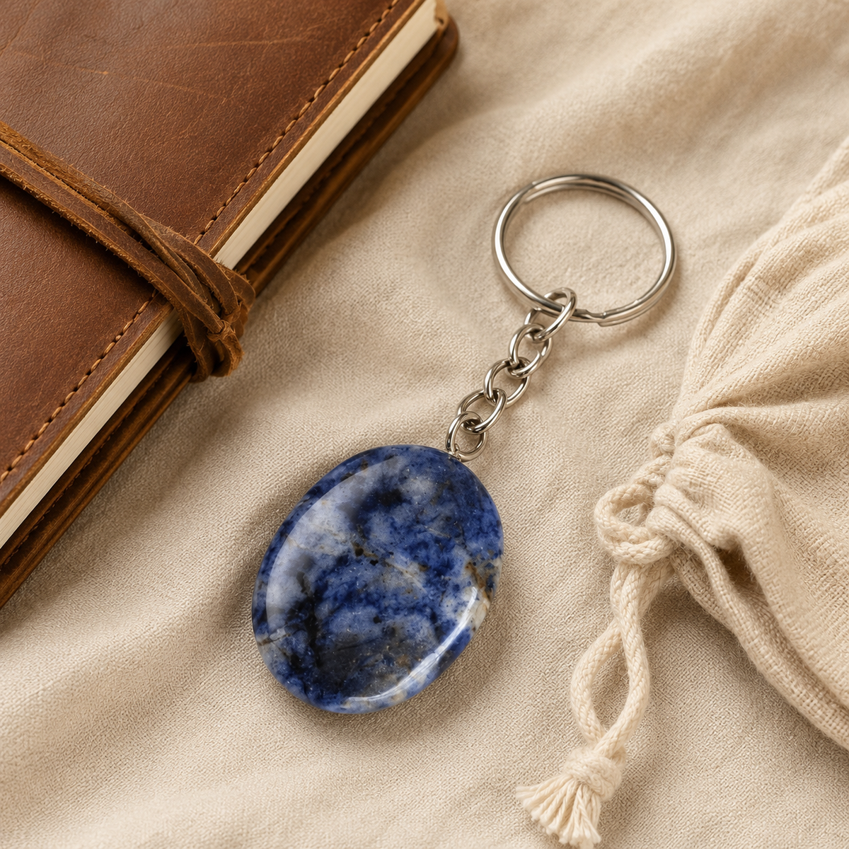 Sodalite Key Chain, Gemstone Keychain Crystal Key Ring (Meditation and Angelic Communication )