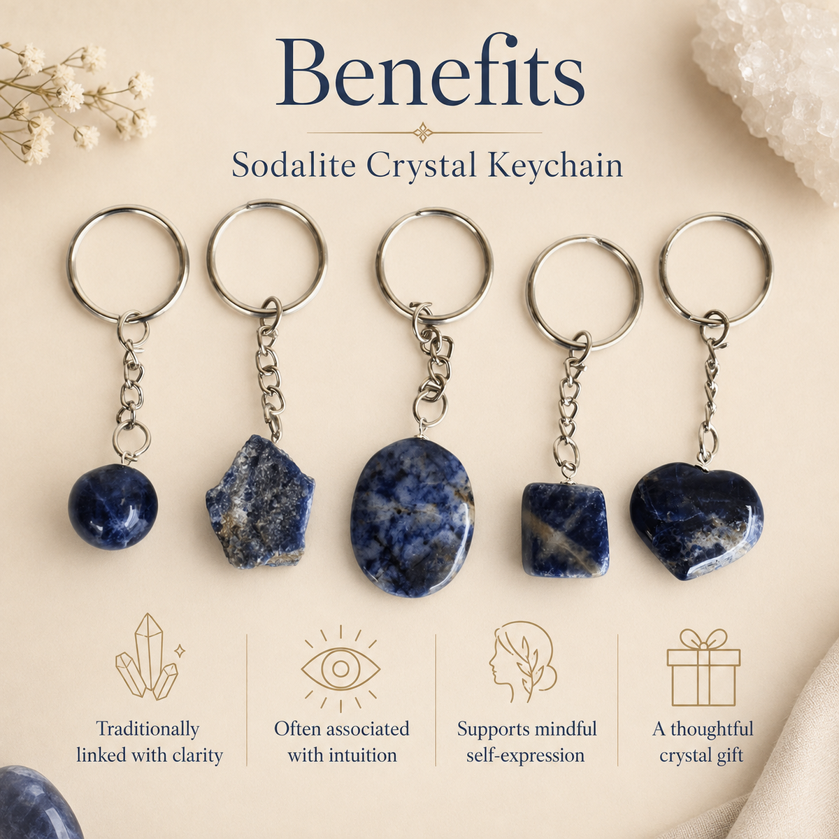 Sodalite Key Chain, Gemstone Keychain Crystal Key Ring (Meditation and Angelic Communication )