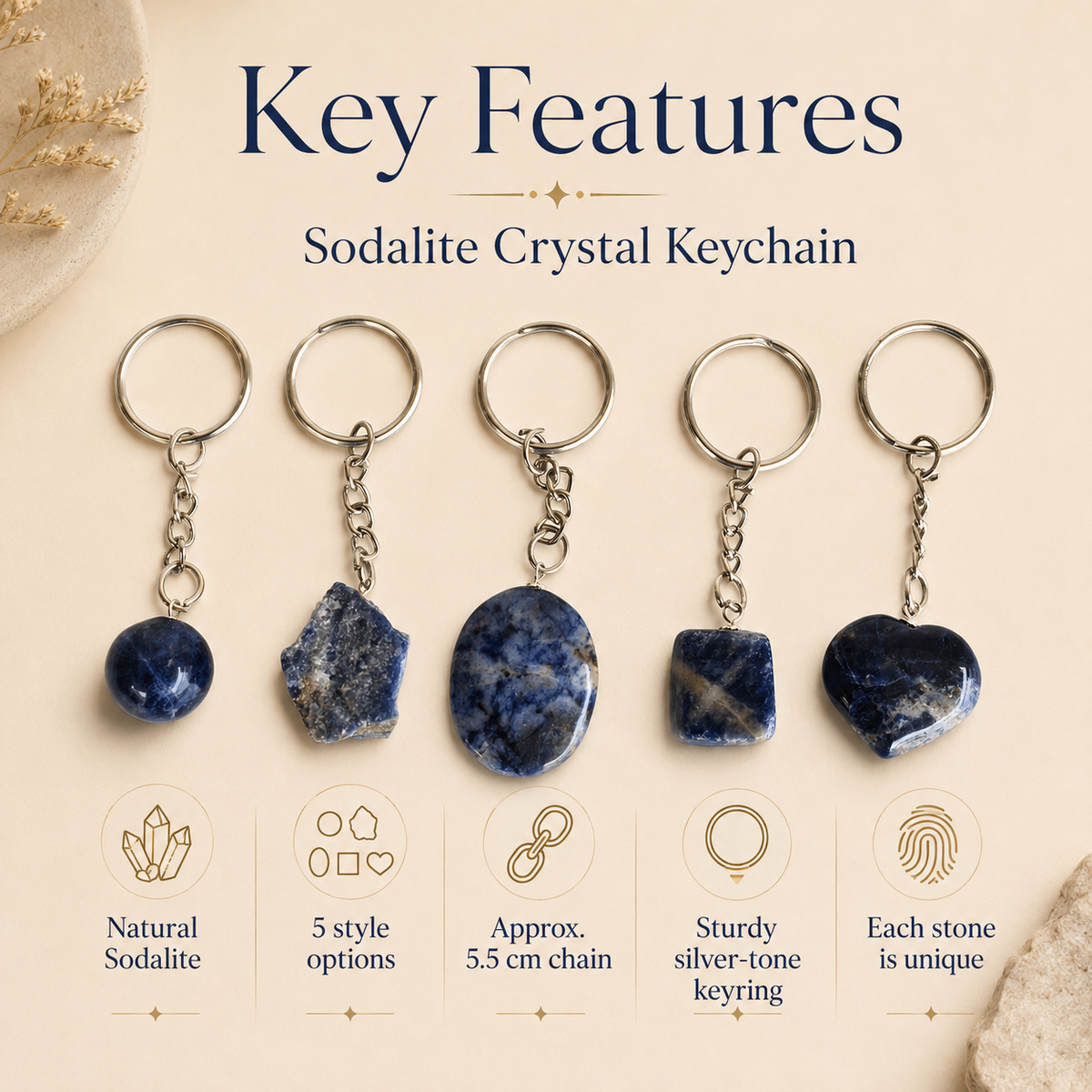 Sodalite Key Chain, Gemstone Keychain Crystal Key Ring (Meditation and Angelic Communication )