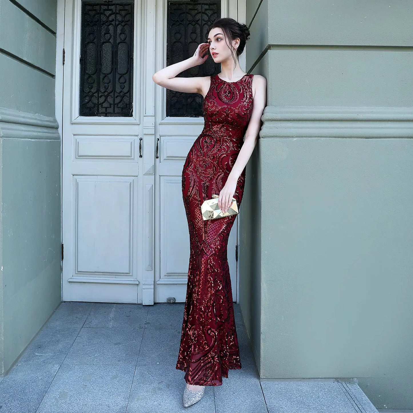 Sequined Fishtail Long Evening Performance Dress - 888