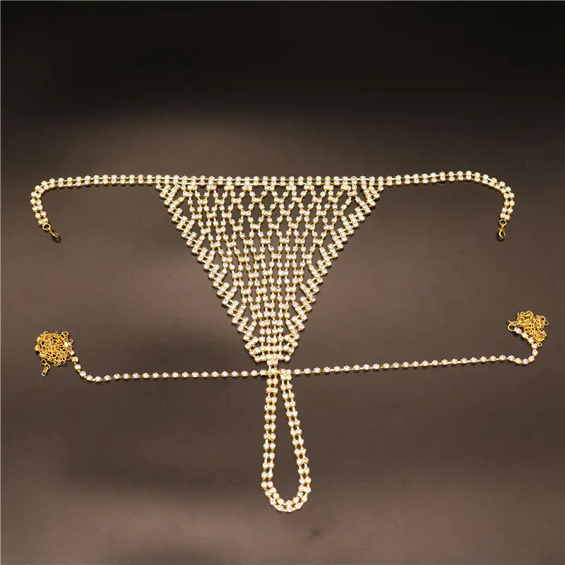 Exaggerated Rhinestone Body Chain Bikini Set - Lingerie