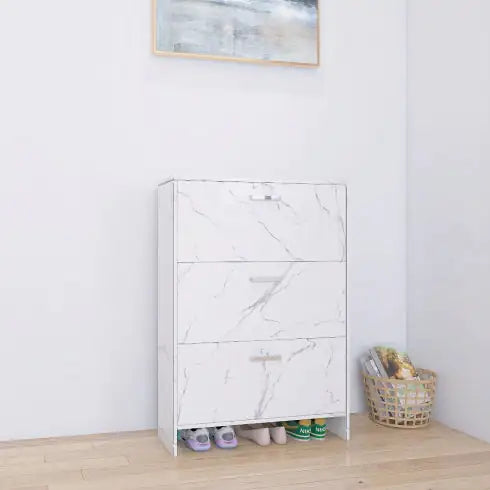 White Marble Color High Glossy 3 Doors Shoe Cabinet With Retro Handles