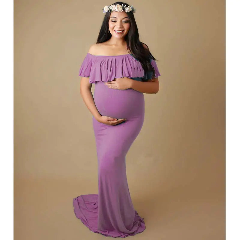 Maternity Long Dress with Ruffle Collar for PhotographyMaternity Maxi Dress for Photography and Baby Showers - 888