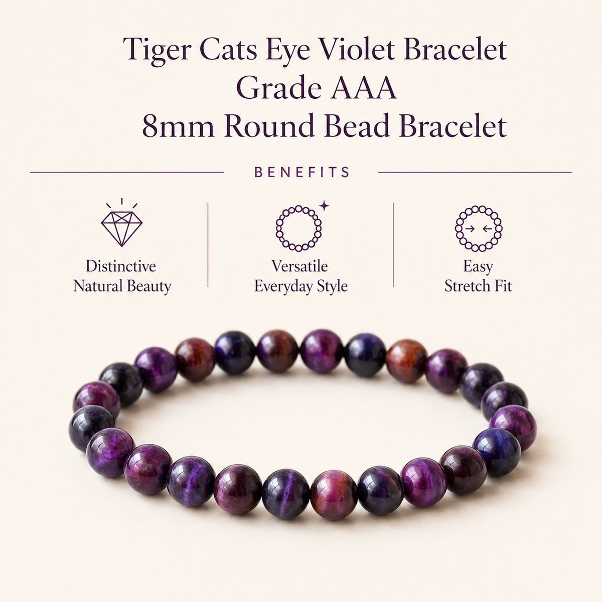 Violet Heated Tiger Cats Eye Bracelet (Creativity and Intuition).