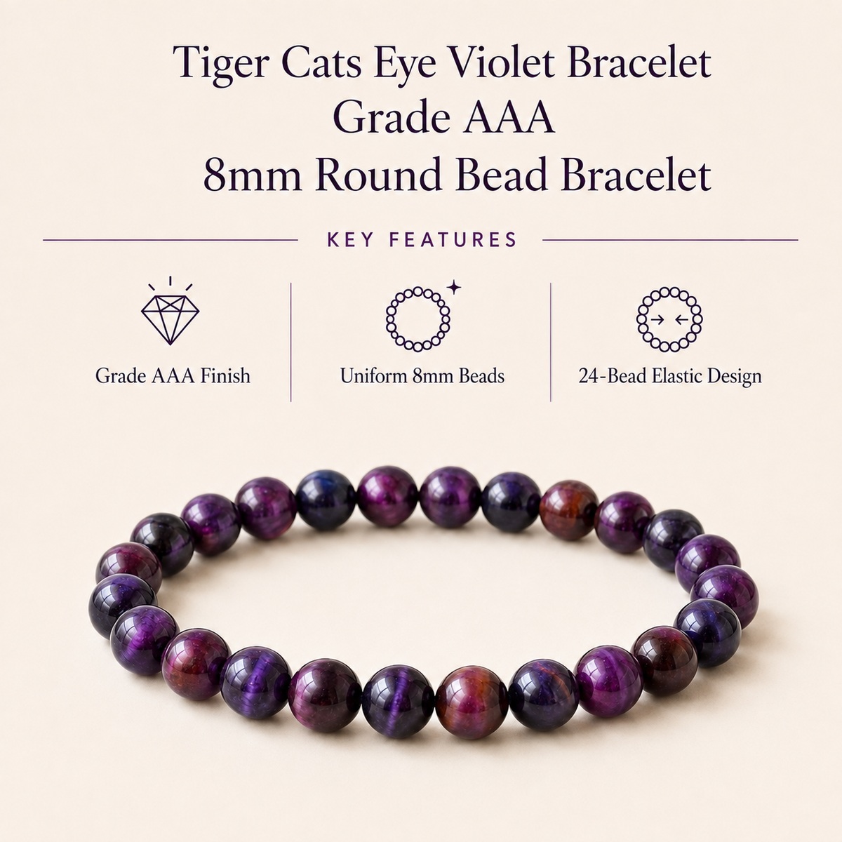 Violet Heated Tiger Cats Eye Bracelet (Creativity and Intuition).