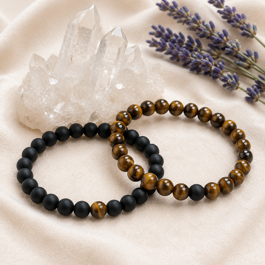 Tiger Eye Black Onyx Matt Couple Bracelets, Anniversary Gift (Focus and Creativity)