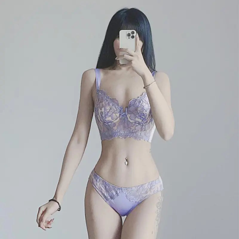 French Lace Long-Line Bra Set with Embroidery (Comfort Fit) - Lingerie