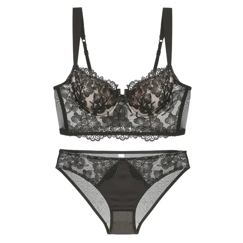 French Lace Long-Line Bra Set with Embroidery (Comfort Fit) - Lingerie