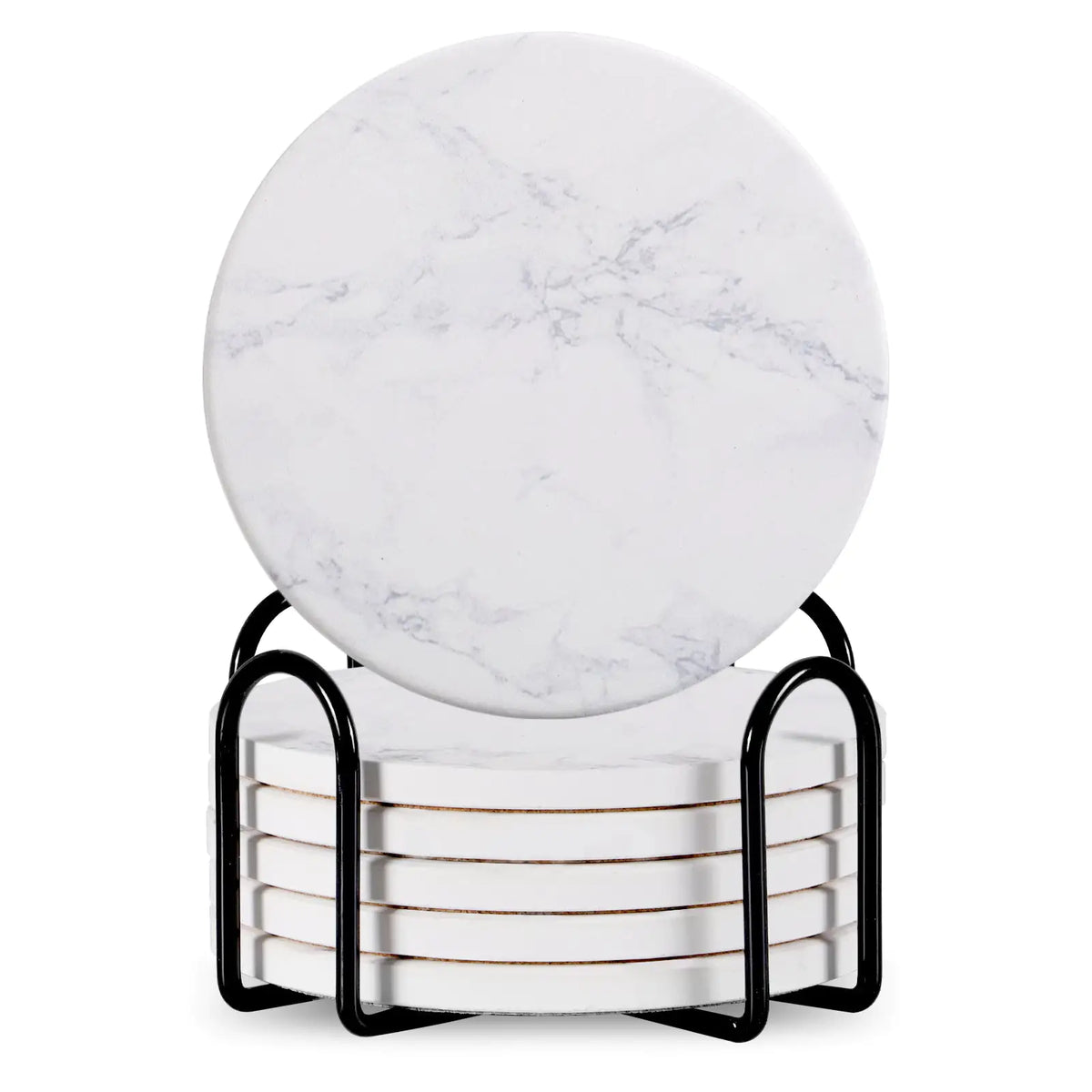 Set Of 6 Beverage Coasters With Stand Round 4in Ceramic Coaster With Metal Stand Absorbent Marble Stone Coaster With Cork Base
