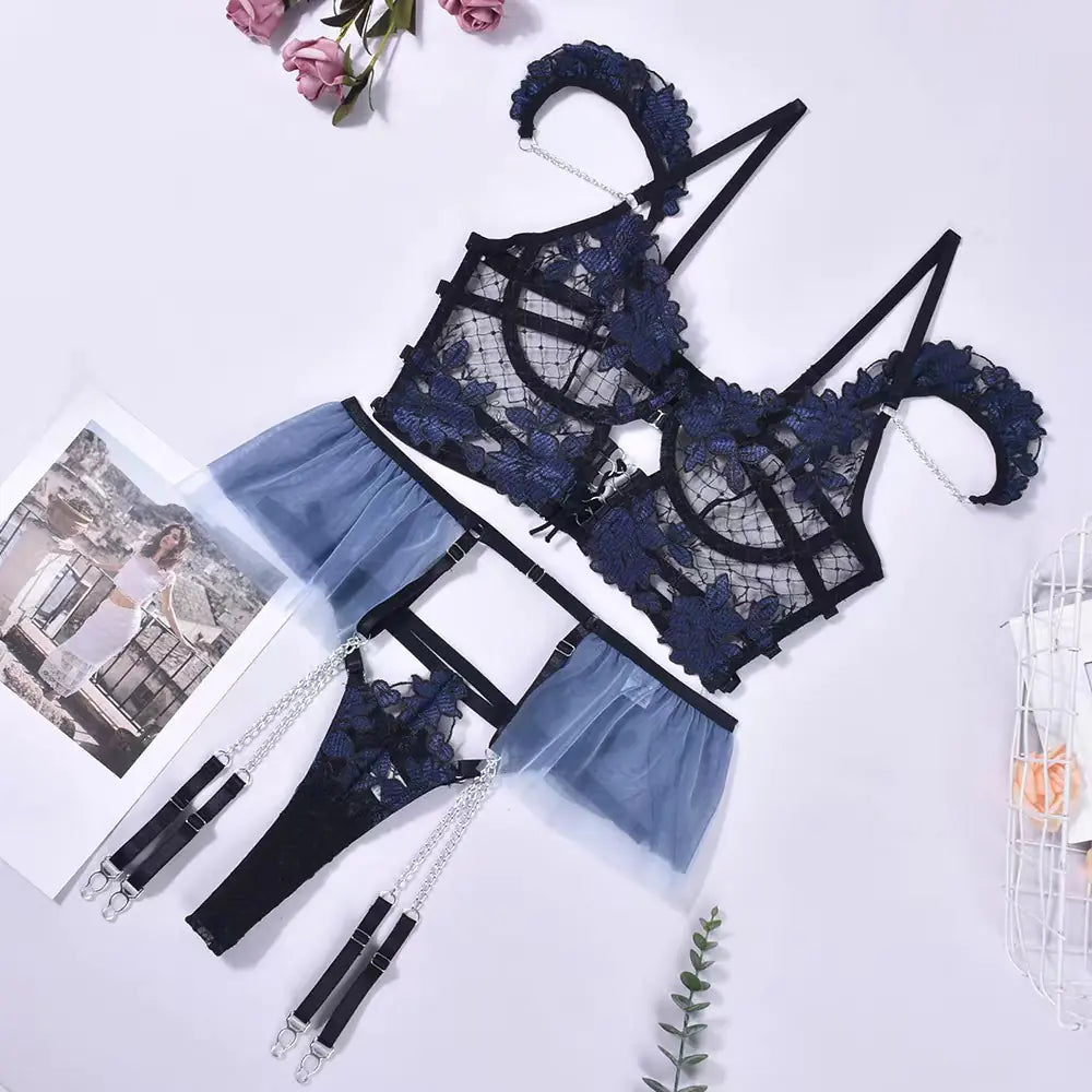 Floral Embroidery Lingerie Set with Chain Cami Top