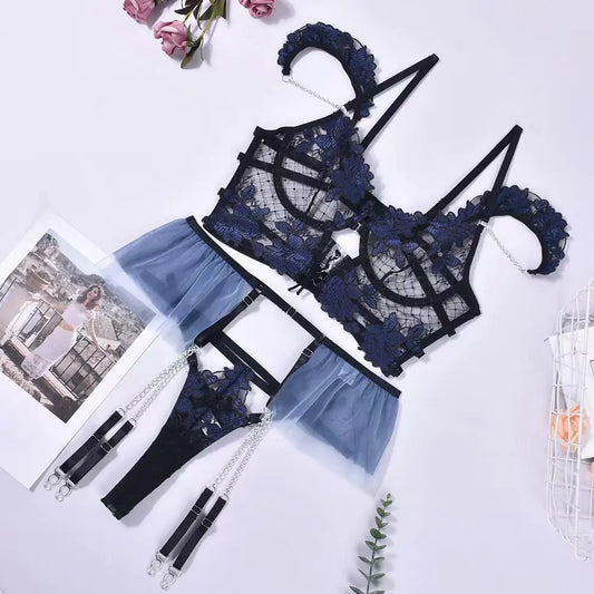 Floral Embroidery Lingerie Set with Chain Cami Top