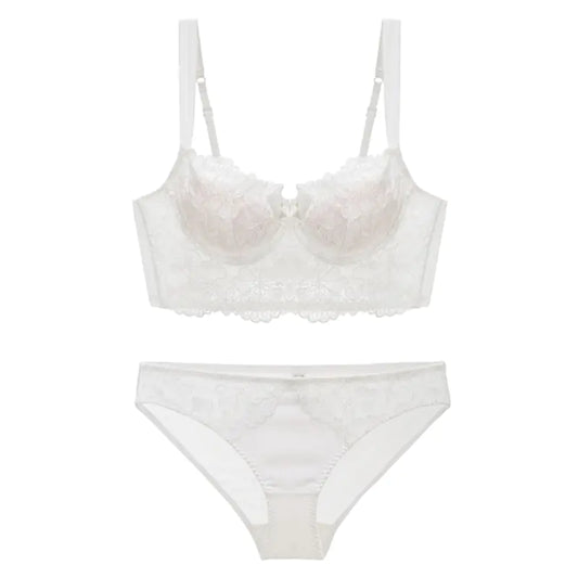 French Lace Long-Line Bra Set with Embroidery (Comfort Fit) - Lingerie